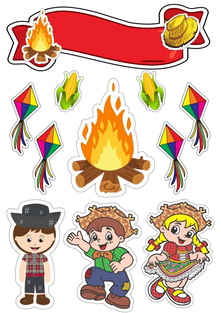 Topo de Bolo Festa Junina São João: Decoração Caipira com Fogueira, Milho e Crianças