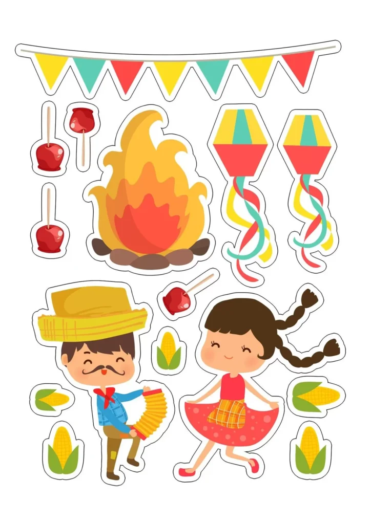 Topo de Bolo Festa Junina com casal caipira, fogueira, maçã do amor e balões. Decoração temática de São João.