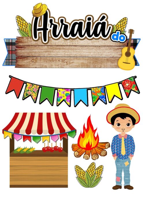 Topo de Bolo Festa Junina com Fogueira e Caipira Sorrindo. Decoração temática para bolo de Arraiá com milho, chapéu de palha e bandeirinhas.