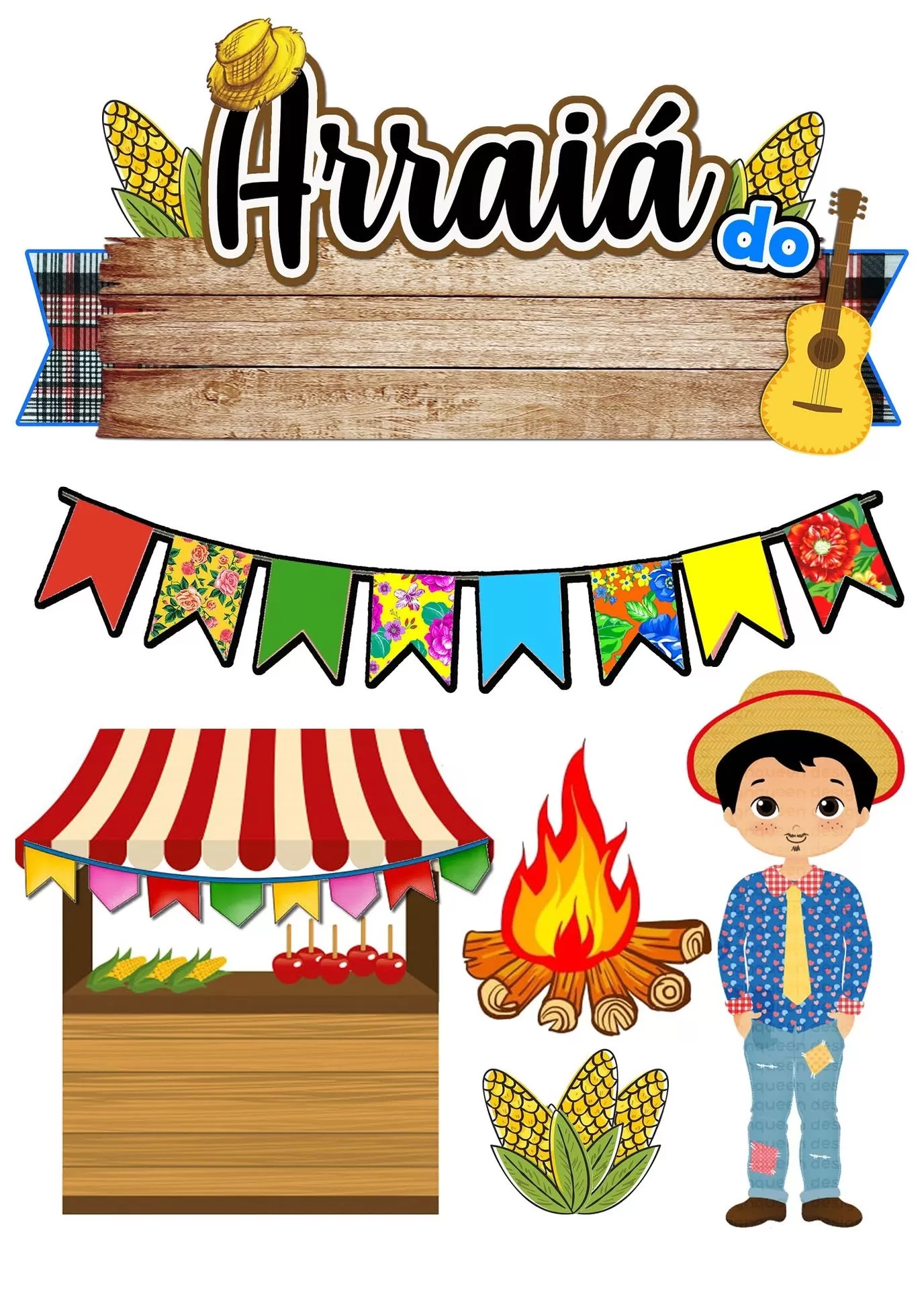 Topo de Bolo Festa Junina com Fogueira e Caipira Sorrindo. Decoração temática para bolo de Arraiá com milho, chapéu de palha e bandeirinhas.