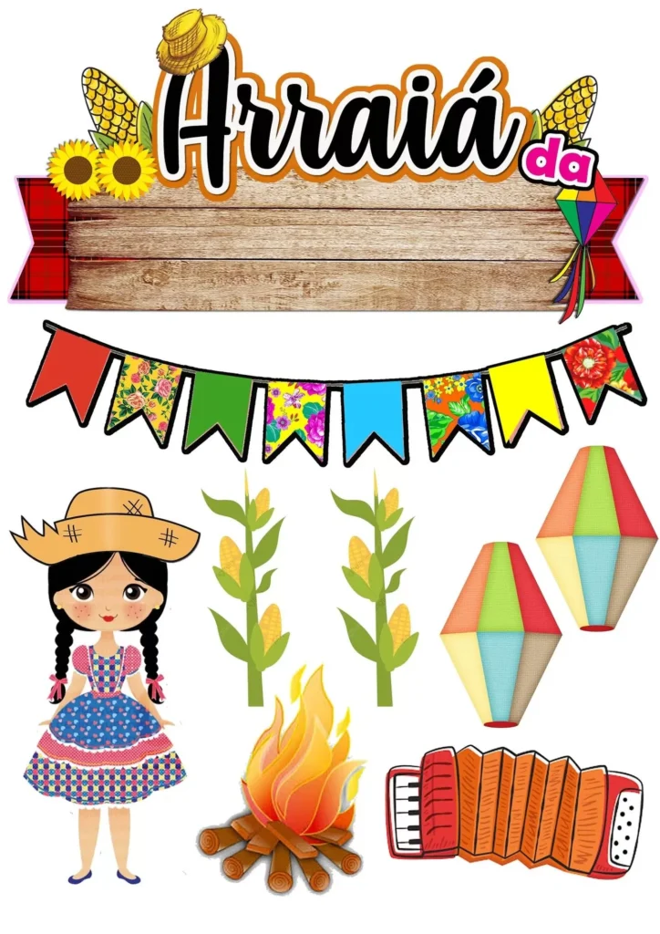 Topo de Bolo Arraiá com Quadrilha de São João, decoração de festa junina com chapéu de palha, espigas de milho, girassóis e boneca caipira.