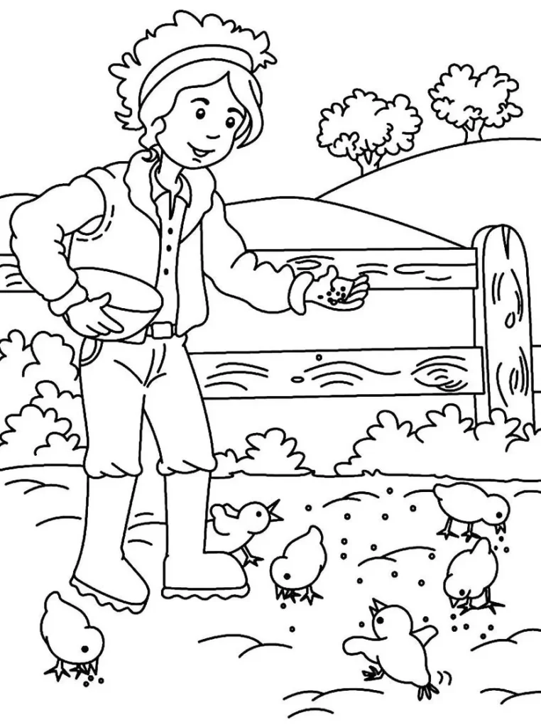 Desenho para colorir: Animais da Fazendinha alimentando pintinhos no campo.