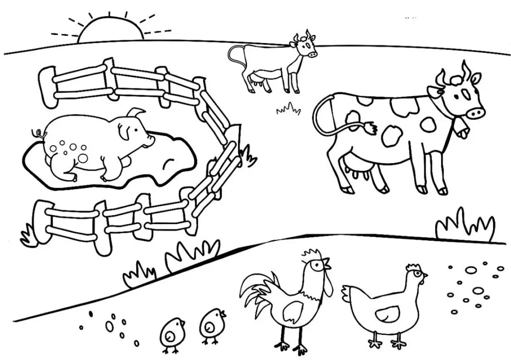 Animais da fazenda reunidos ao redor do chiqueiro: cena rural para colorir.