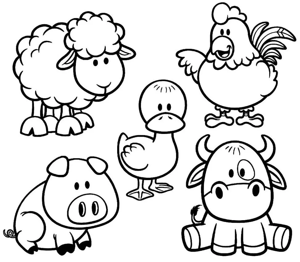 Animais da fazenda para colorir: ovelha, galo, pato, porco e vaca em desenho divertido.