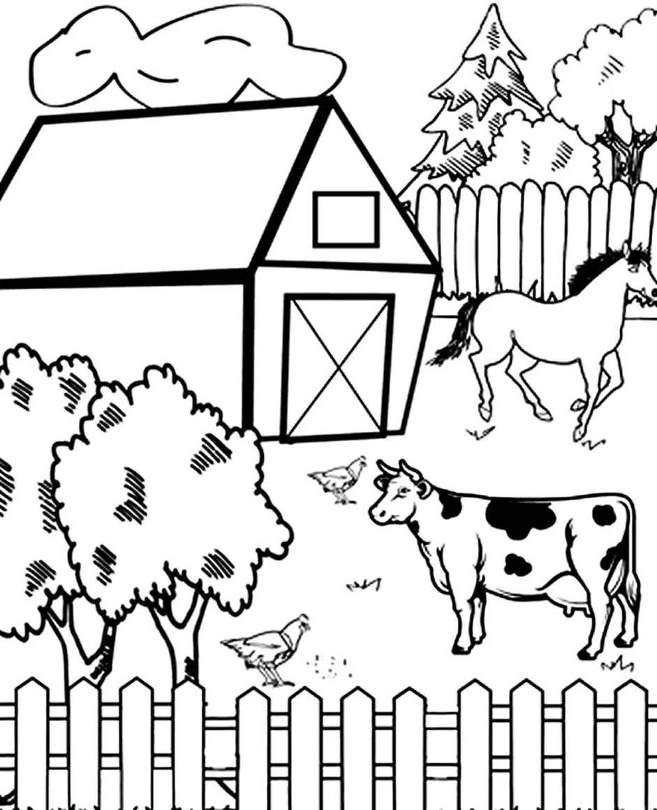 Animais da Fazenda em Cena Rural para Colorir: Celeiro e Vida Campestre