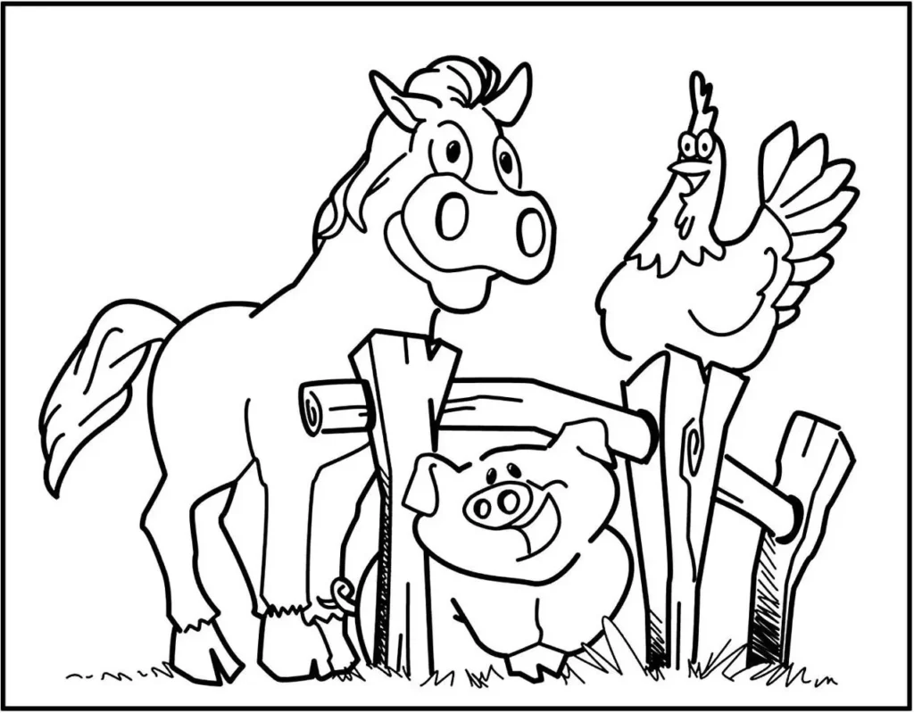 Animais da Fazenda: Desenhos para Colorir de Galo, Cavalo e Porco