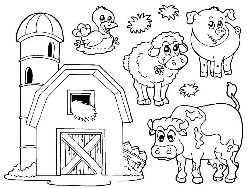Desenhos de animais da fazenda e celeiro para colorir. Imagem com vaca, porco, ovelha e pato em frente ao grande celeiro.