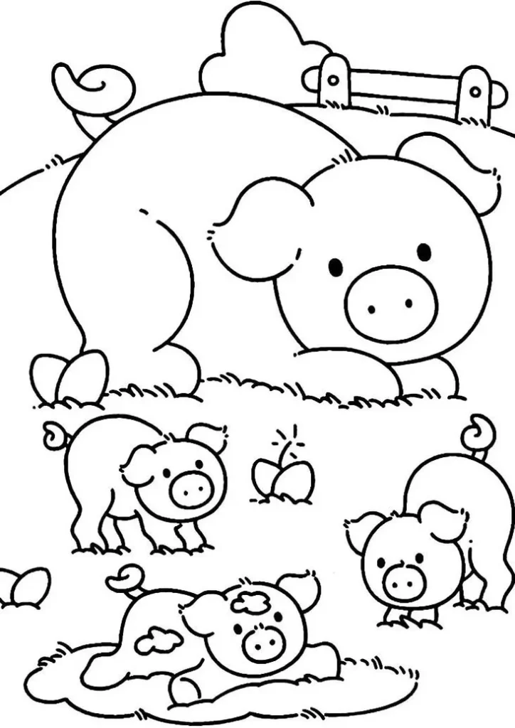 Desenho de porco e leitões para colorir: Diversão na fazenda!