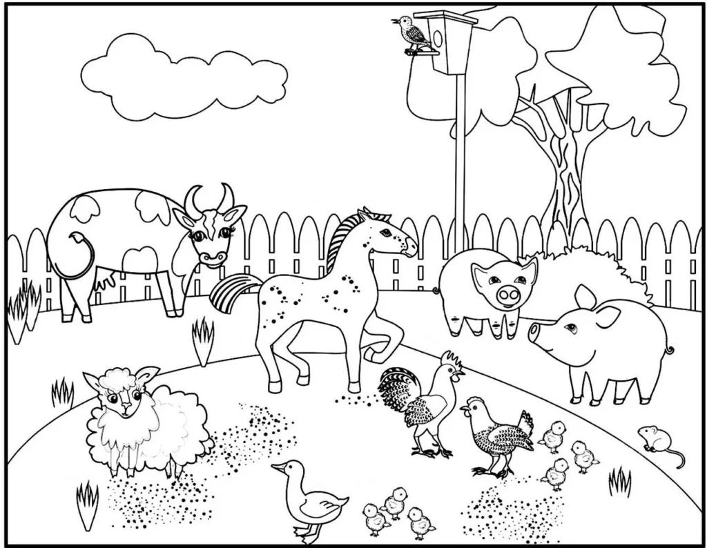 Animais da Fazenda para Colorir: Vaca, Cavalo, Carneiro, Porcos, Galo, Galinha, Pato e Rato em Cena Campestre