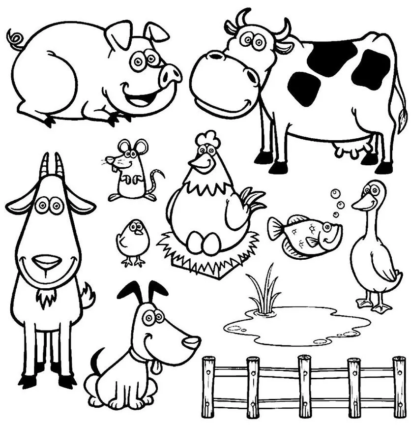 Desenhos de animais da fazenda para colorir: vaca, porco, galinha e outros bichos perto do lago.