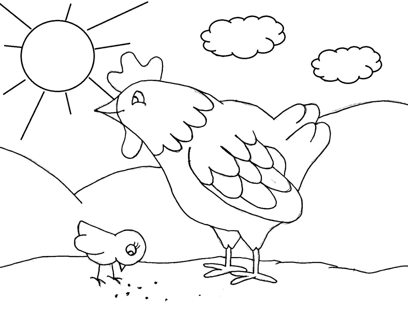 Galinha e pintinho comendo: Desenho para colorir com tema rural.