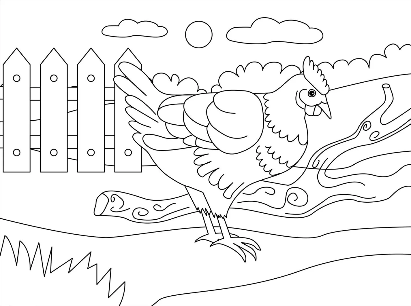 Galinhas no Galinheiro: Desenho Detalhado para Colorir com Cena Campestre