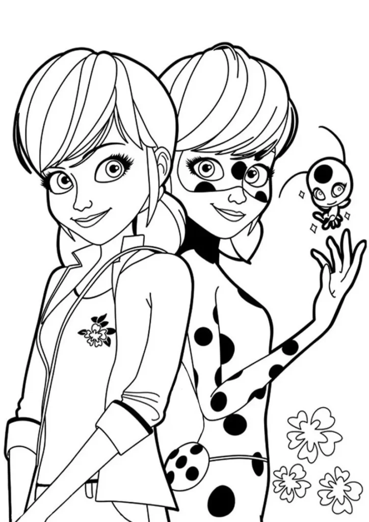 Ladybug e amiga para colorir. Desenho com heroína e garota com jaqueta florida.