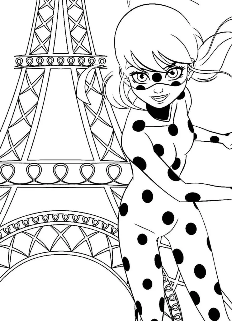 Ladybug em Paris para colorir: Desenho da heroína com a Torre Eiffel ao fundo.