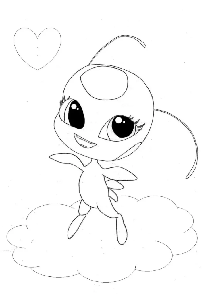 Ladybug para colorir: Desenho da Tikki sorrindo sobre nuvem
