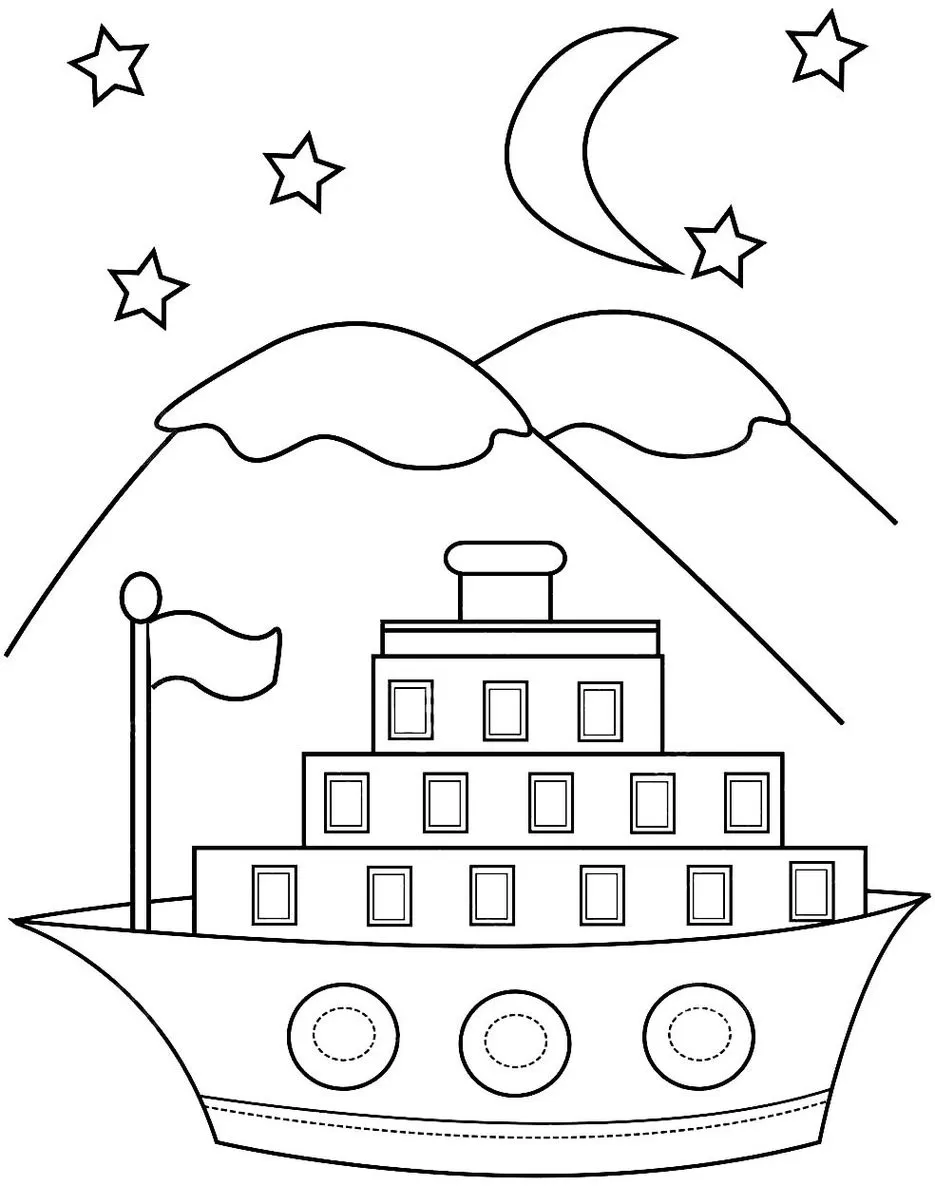 Desenho de navio nas montanhas para colorir: atividade criativa com paisagem noturna.