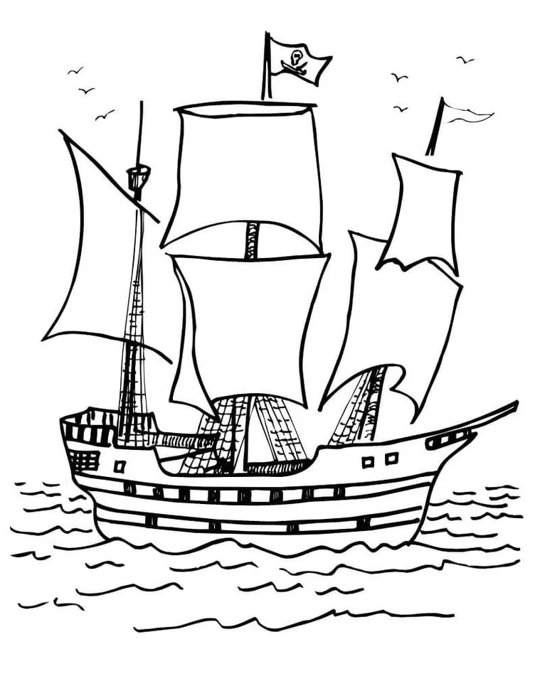Desenhos de Navios para colorir No Mar Navio com velas no mar para colorir: aventura oceânica pirata.