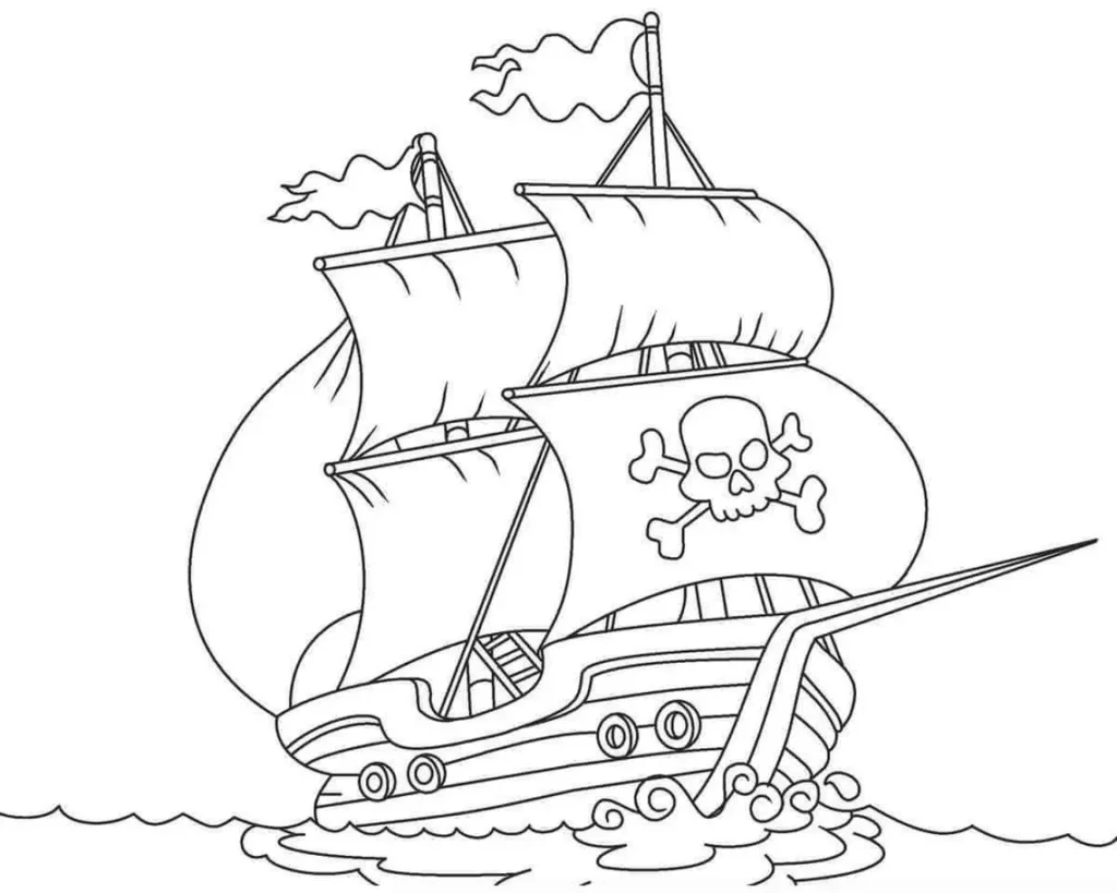 Desenhos de Navios para colorir Pirata Navio Pirata para Colorir: Desenho Detalhado com Caveira e Ossos Cruzados