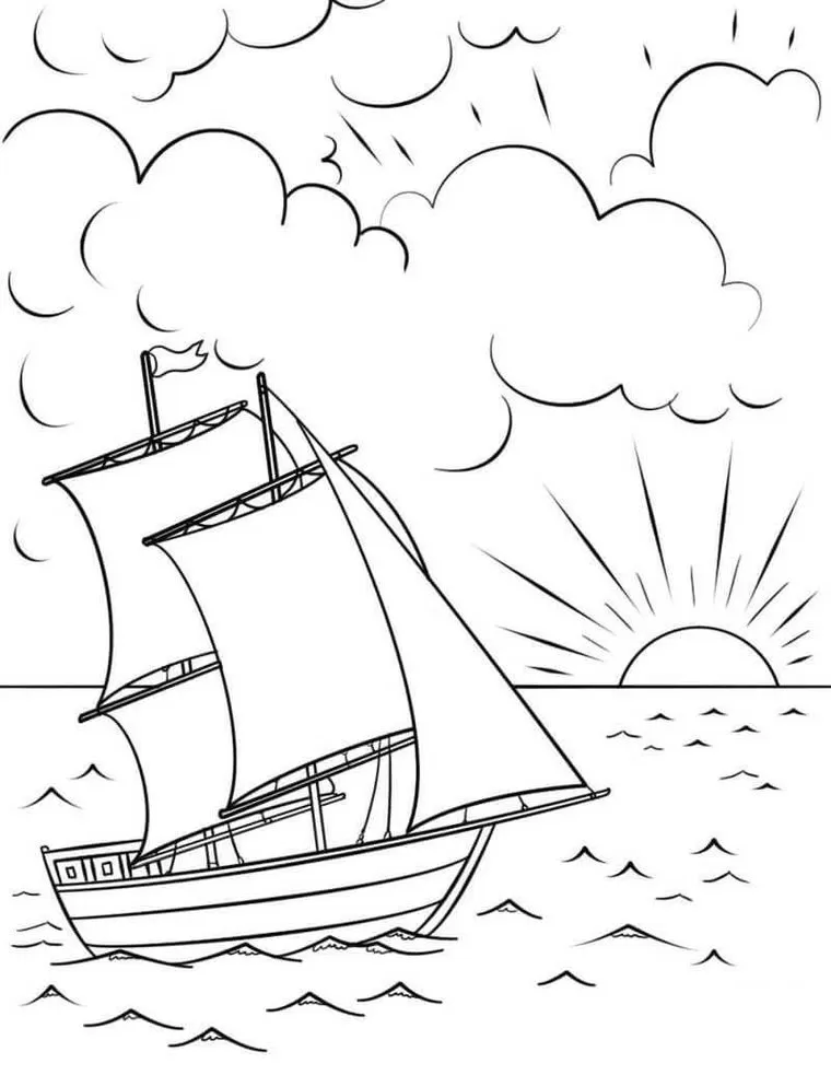 Desenhos de Navios para colorir Pôr do Sol Navio à vela no pôr do sol: desenho para colorir e estimular a criatividade.