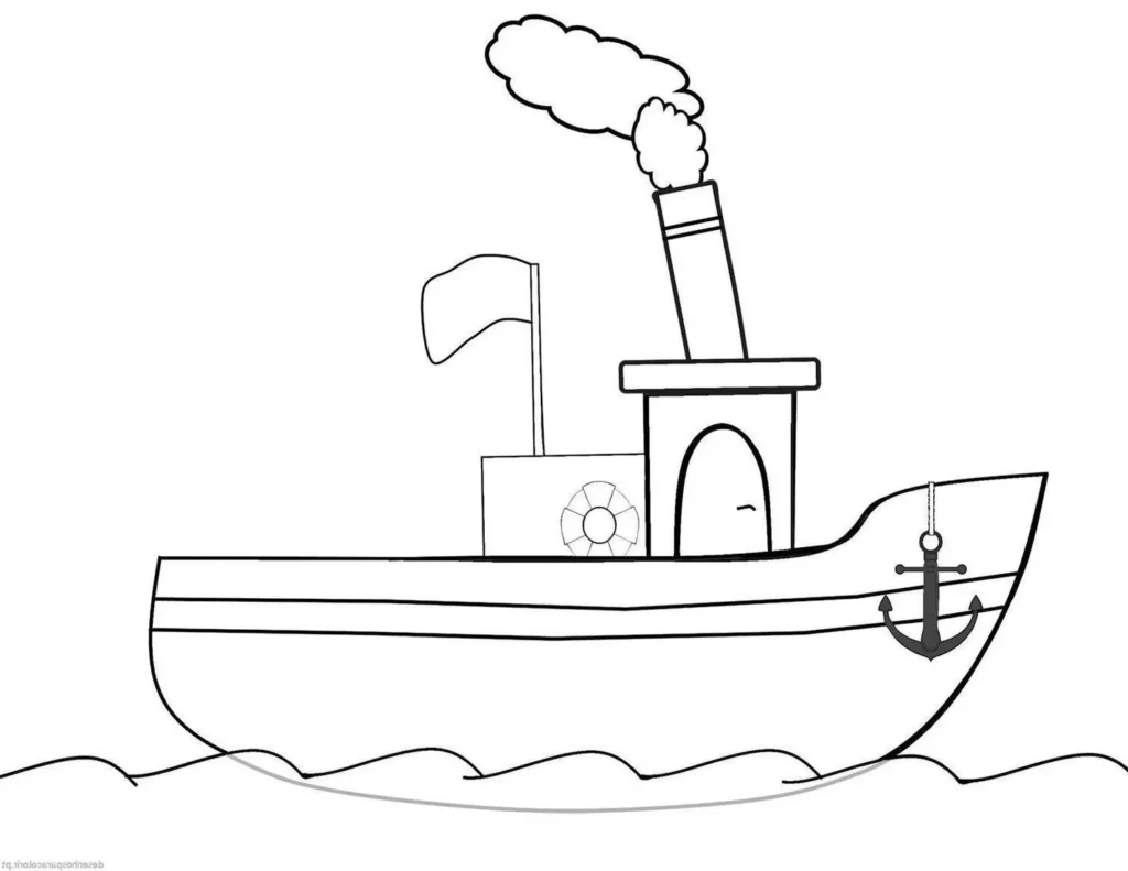 Desenhos de Navios para colorir Soltando Fumaça Desenho de navio rebocador soltando fumaça para colorir. Detalhes incluem chaminé, boia salva-vidas, âncora e bandeira. Ideal para atividades artísticas.