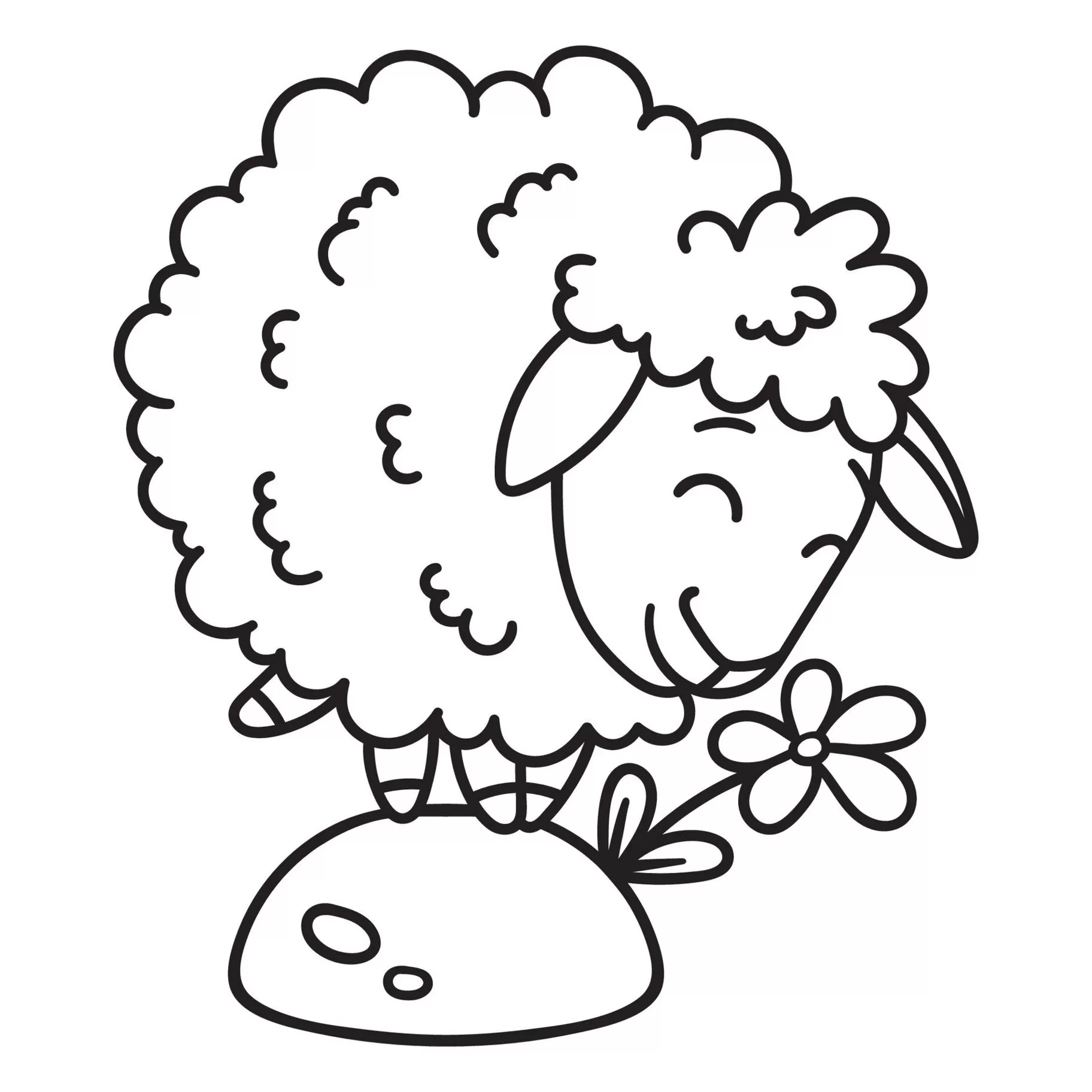 Ovelha Sorridente com Flor sobre Pedra: Desenho para Colorir