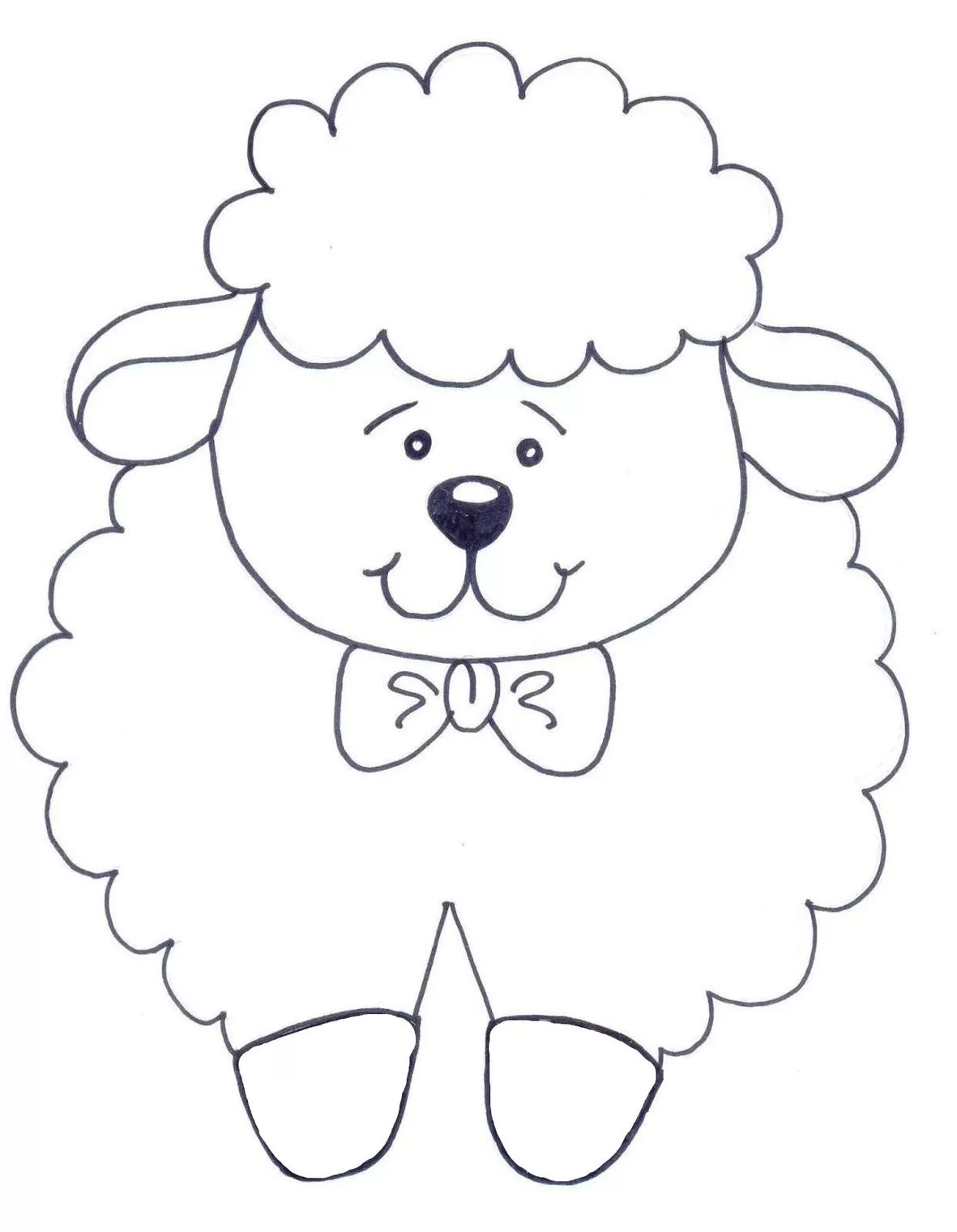 Ovelha com gravata de lacinho para colorir. Desenho fofo e fácil de pintar.