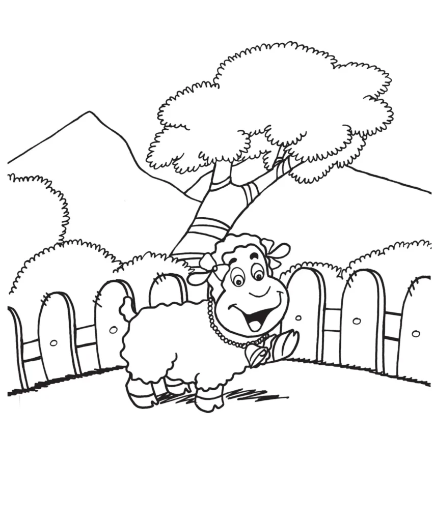 Desenhos de Ovelhas para colorir Lacinho na Cabeça Ovelha com lacinho e sino para colorir em frente à cerca e paisagem montanhosa.