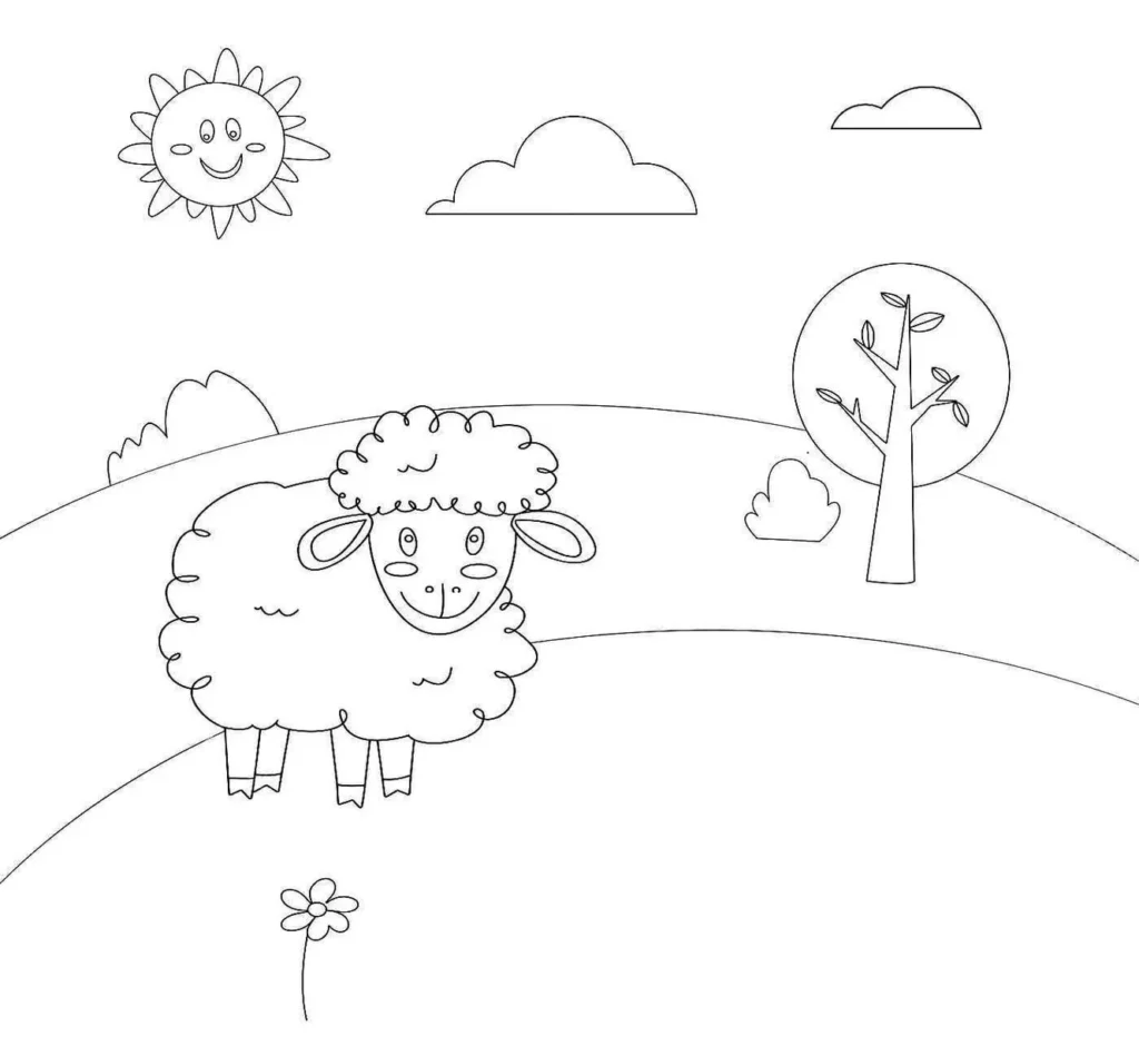 Desenhos de Ovelhas para colorir Nas Montanhas Ovelhas nas montanhas: desenho para colorir com paisagem campestre.
