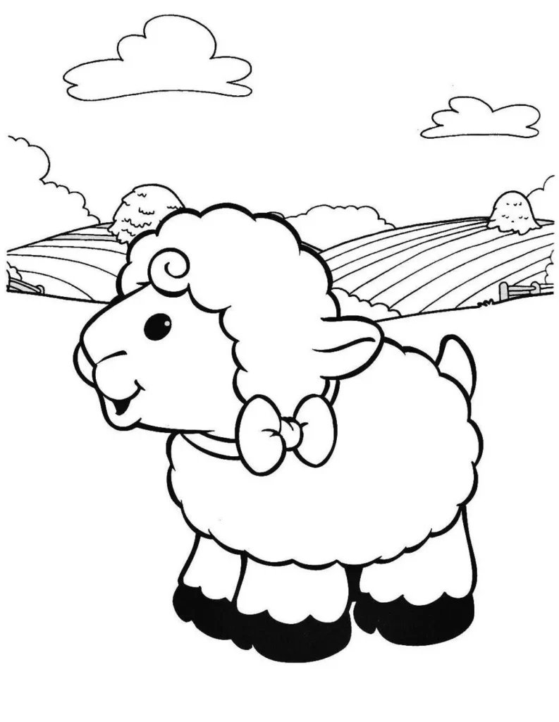 Desenhos de Ovelhas para colorir No Campo Ovelha com gravata borboleta em campo para colorir. Atividade relaxante e criativa.