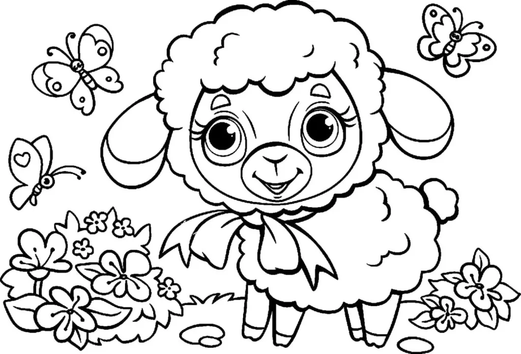 Desenhos de Ovelhas para colorir Ovelha Kawaii Ovelha Kawaii com flores e borboletas: Desenho para colorir divertido.