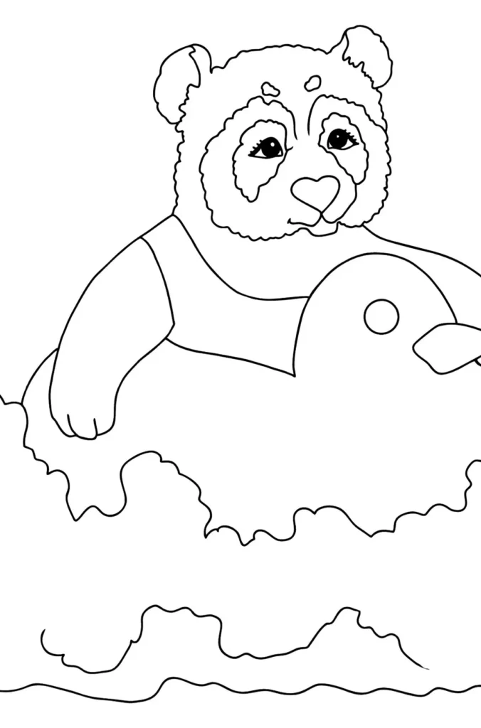 Panda adorável relaxando em boia de pato para colorir. Desenho divertido de panda na água.