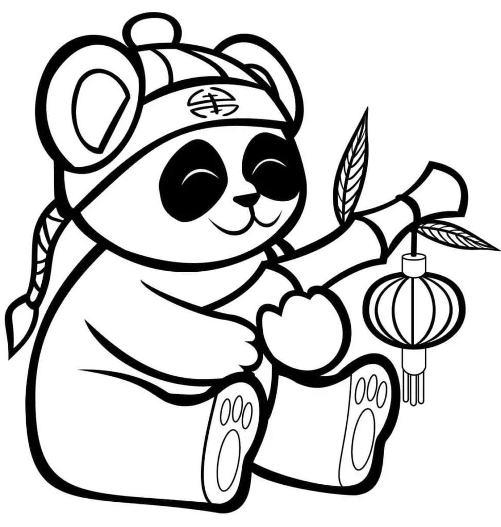 Panda Oriental para Colorir: Desenho estilizado com chapéu, bambu e lanterna.