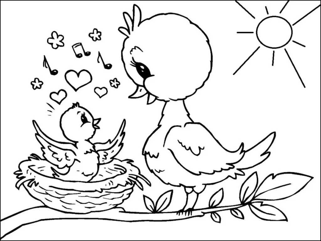 Desenhos de Pássaros para colorir Amor de Mãe Desenho de pássaros: Amor de mãe para colorir. Ternura e carinho entre ave adulta e filhote sob a luz do sol.