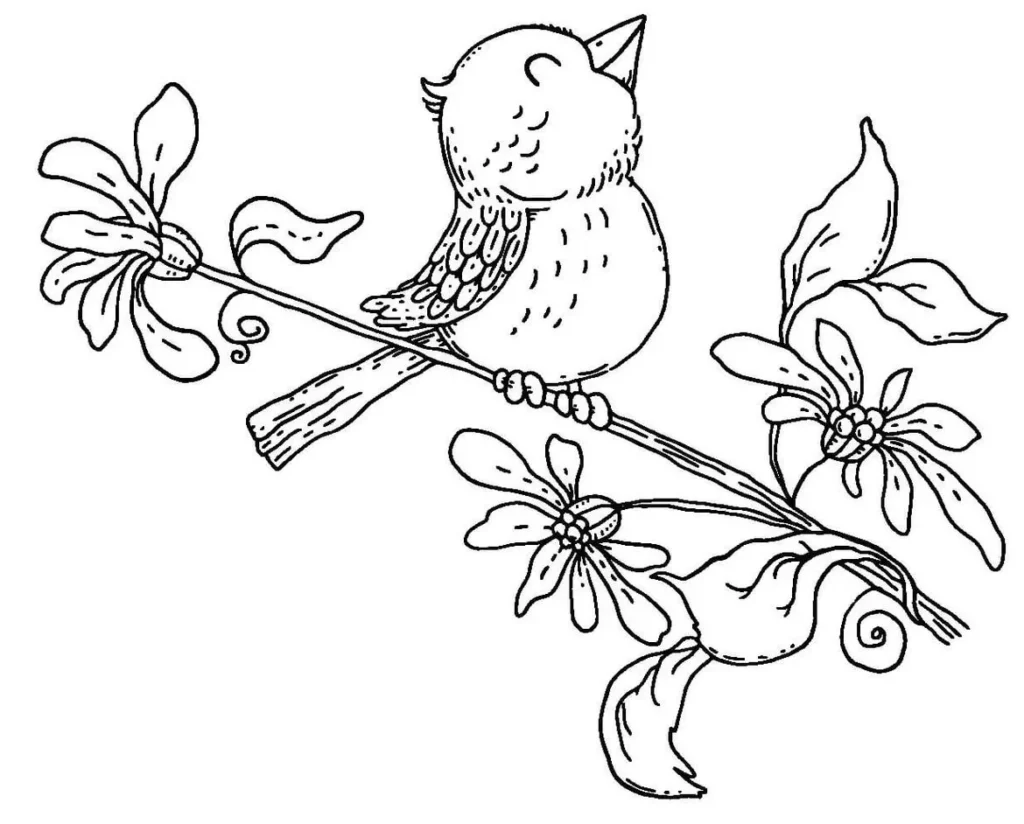 Desenhos de Pássaros para colorir Entre as Flores Pássaro em galho florido para colorir: relaxamento e arte