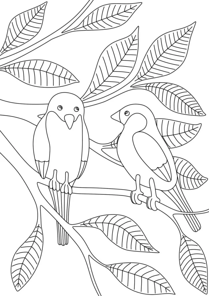 Desenhos de Pássaros para colorir Nas Folhas Desenho de pássaros nas folhas para colorir e relaxar.