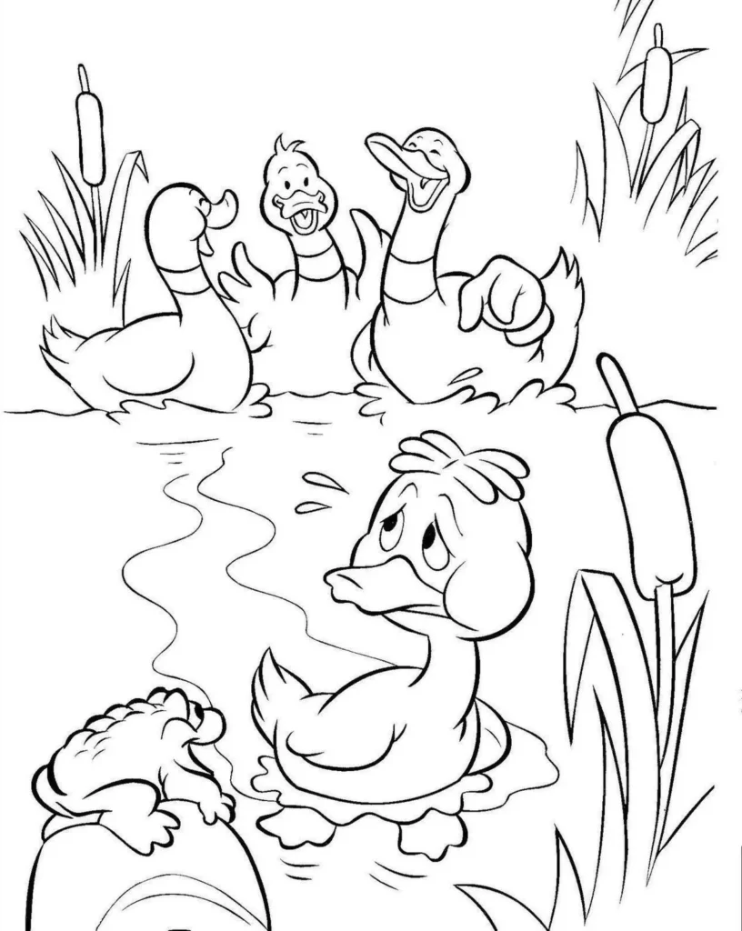Desenhos de Patos para colorir Patinho Triste Patinho triste para colorir em cena aquática com outros patos felizes.