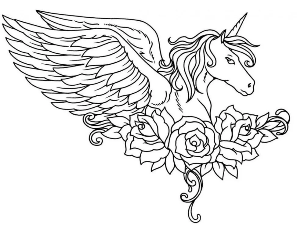 Unicórnio alado entre rosas: desenho detalhado para colorir. Crina e cauda onduladas, asas com múltiplas penas. Perfeito para atividades artísticas.