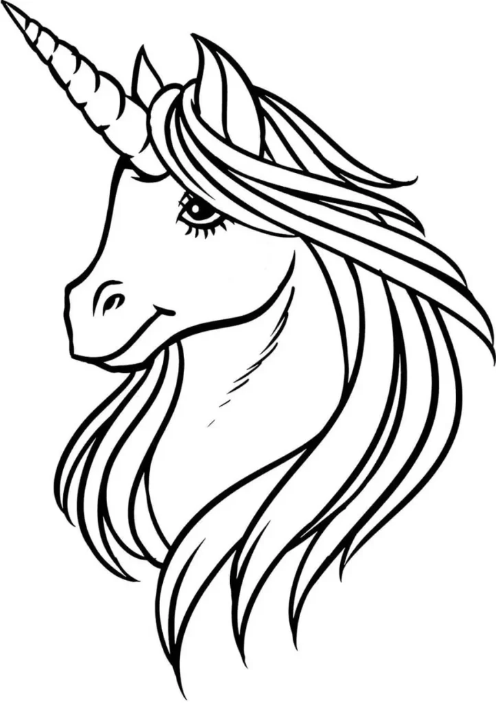 Unicórnio para colorir: Desenho detalhado da cabeça e crina, ideal para explorar cores e texturas. Atividade criativa com tema de cavalo de chifre.