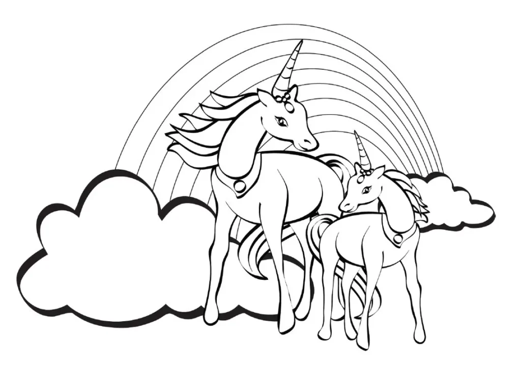 Unicórnio Mãe e Filhote para Colorir sob Arco-Íris: Desenho mágico para estimular a criatividade.