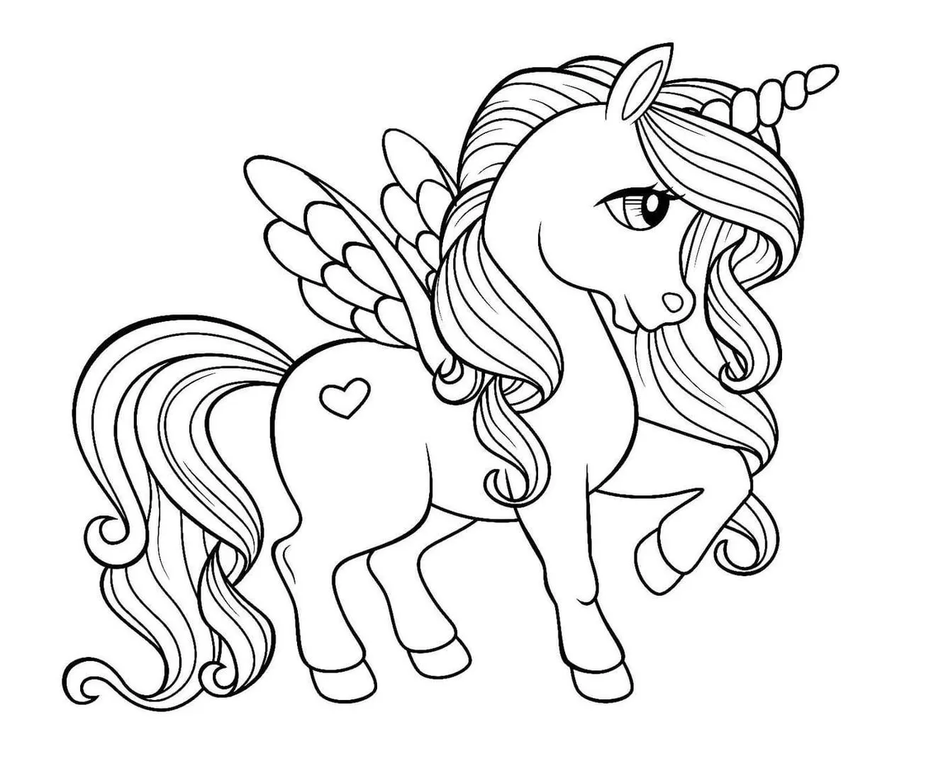 Desenhos de Unicórnios para pintar e se divertir Muito Lindo Unicórnio alado com coração para colorir: explore a fantasia e crie artes vibrantes nas asas, crina e cauda deste ser mágico.