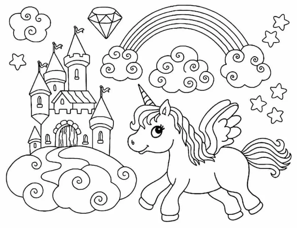 Unicórnio alado em mundo mágico com castelo e arco-íris para colorir no Mundo do Unicórnio.