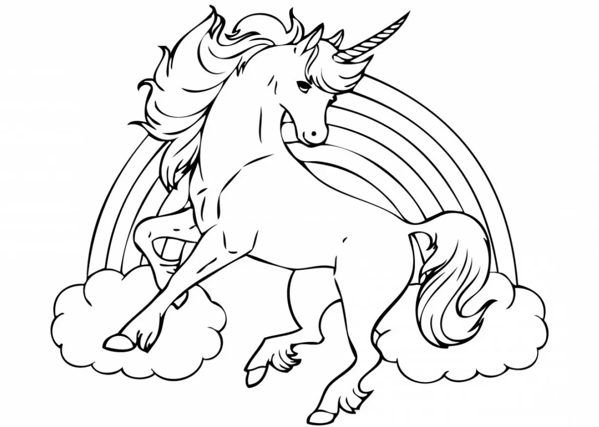 Unicórnio mágico dançando nas nuvens sob o arco-íris colorido. Desenho para colorir com tema de fantasia.