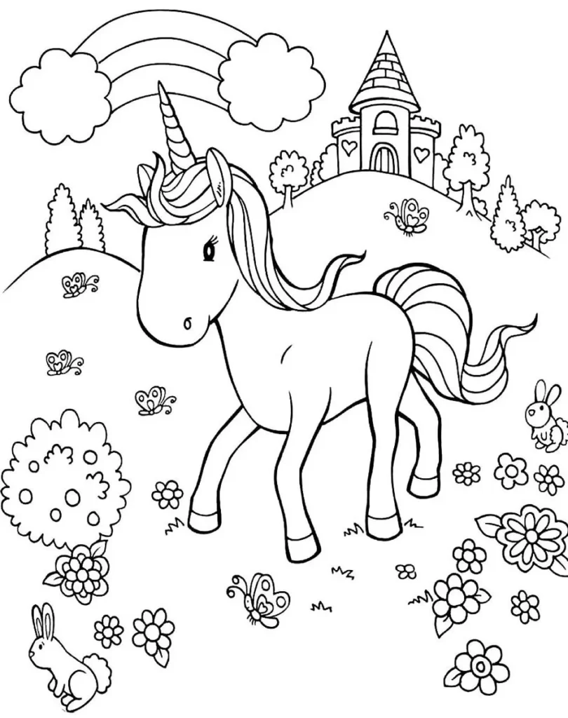 Unicórnio em paisagem de conto de fadas com castelo ao fundo, ideal para atividades de colorir.