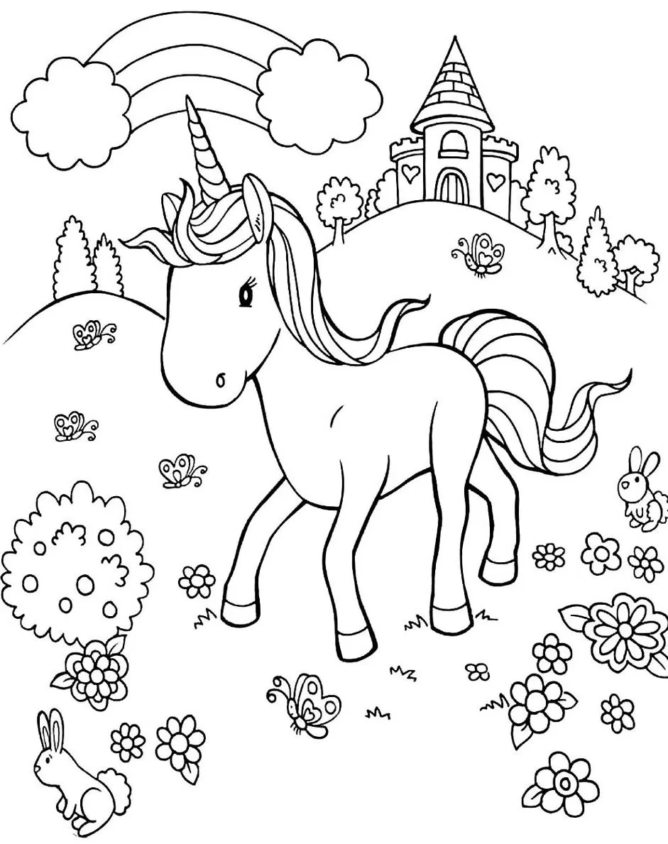 Desenhos de Unicórnios para pintar e se divertir No Castelo Unicórnio em paisagem de conto de fadas com castelo ao fundo, ideal para atividades de colorir.