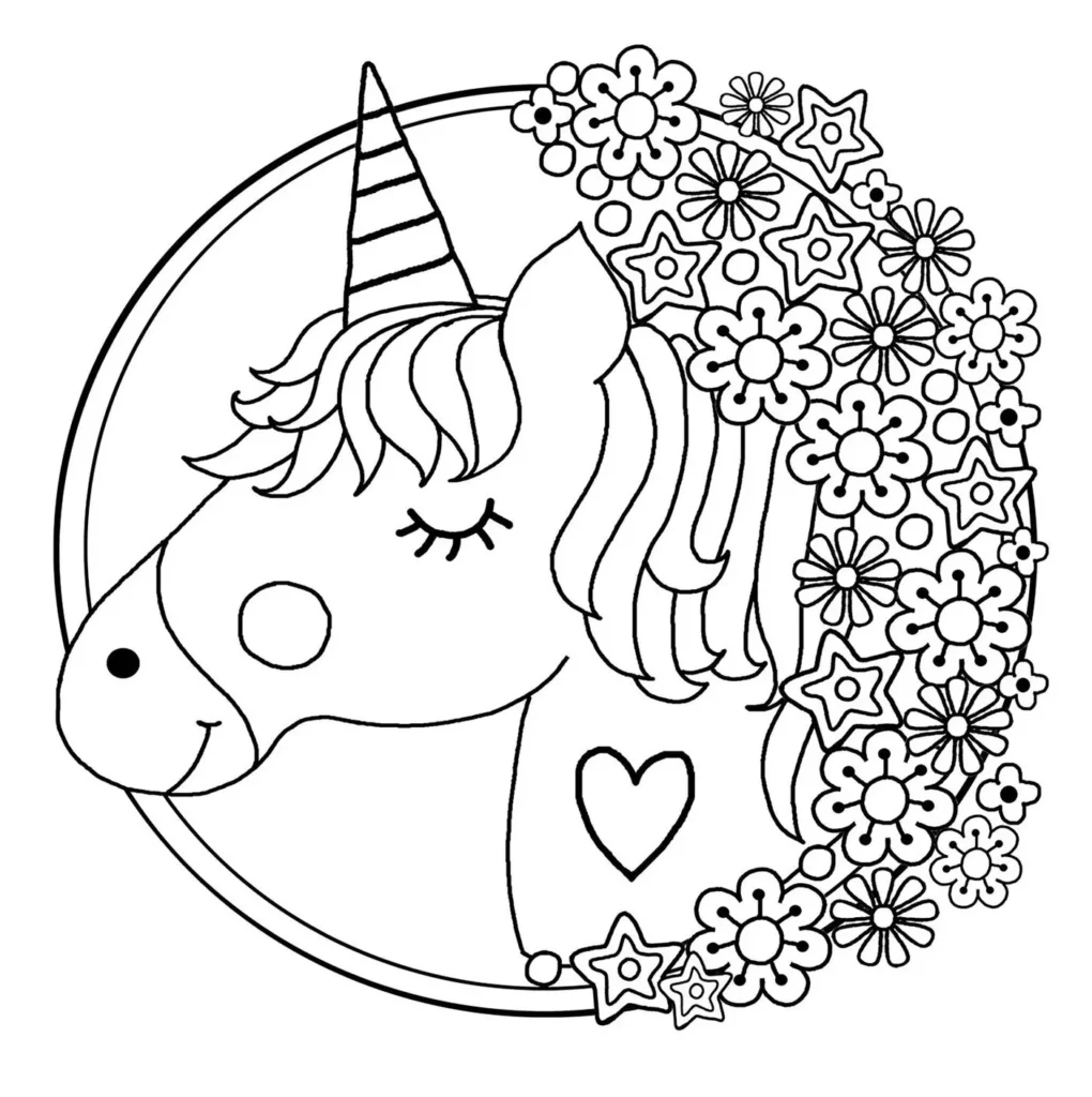 Unicórnio mágico para colorir, rodeado de flores e estrelas, ideal para atividades criativas. Desenho de unicórnio com detalhes como coração e crina estilizada.