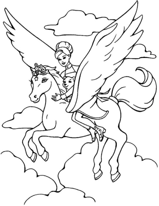 Desenhos de Unicórnios para pintar e se divertir Voando Unicórnio alado com princesa em reino mágico para colorir. Desenho artístico de pégaso com coroa e figura feminina com ursinho, voando entre nuvens.