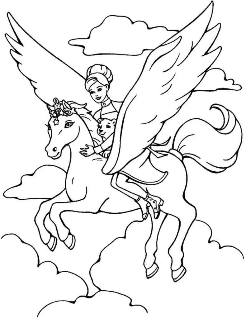 Unicórnio alado com princesa em reino mágico para colorir. Desenho artístico de pégaso com coroa e figura feminina com ursinho, voando entre nuvens.