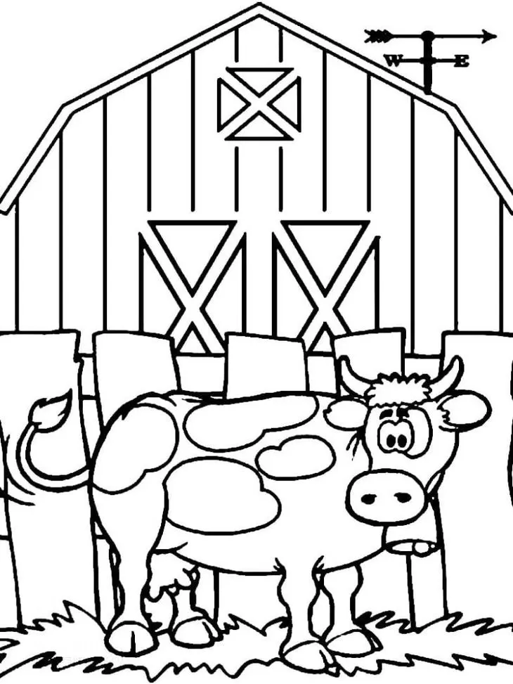 Vaca malhada no celeiro: desenho para colorir com cena rural.
