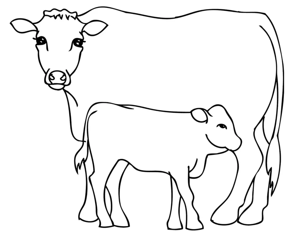 Desenho de vaca e bezerro para colorir. Atividade artística com animais da fazenda.