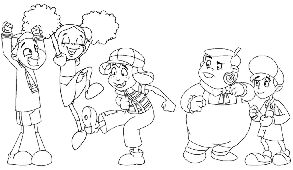 Chaves e turma: desenho divertido para colorir com Chaves, Quico, Chiquinha, Nhonho e Godinez em momentos alegres.